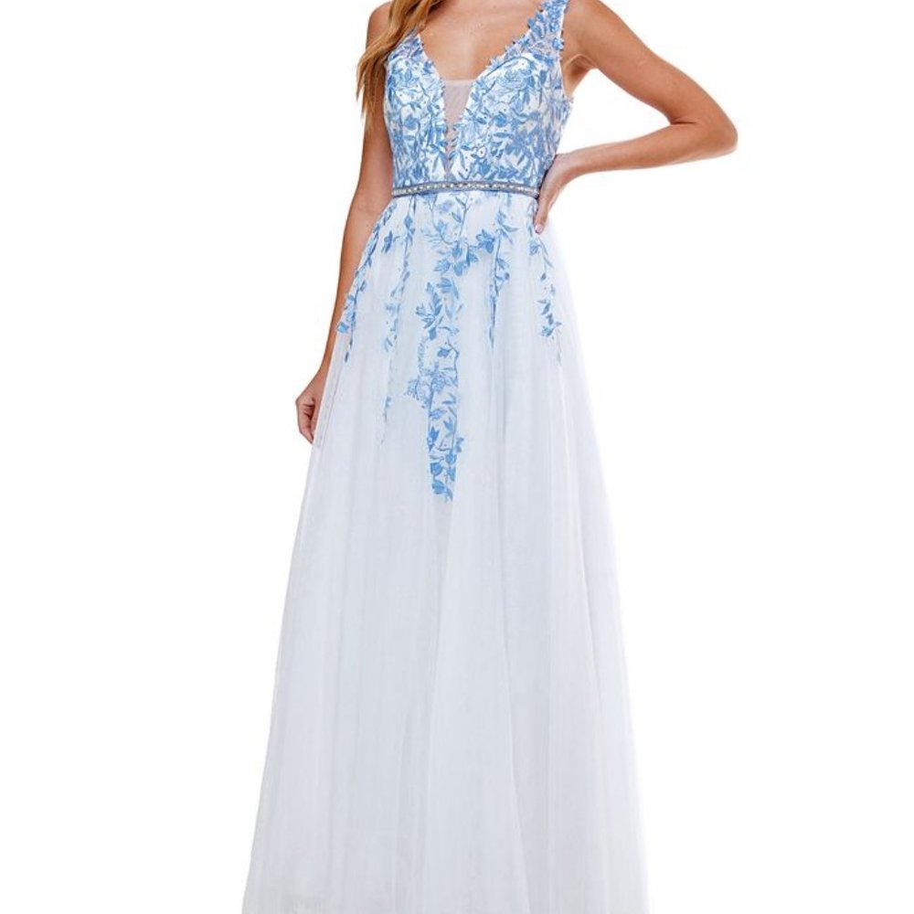 White Prom Dress with Blue Flower Embroidery - Picture 1 of 6